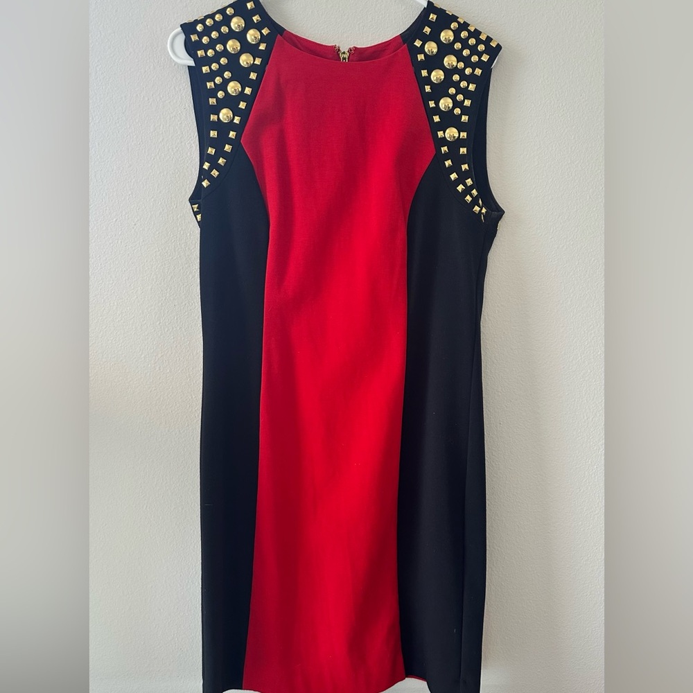 Michael Kors Red and Black Mini Dress with Gold Studs